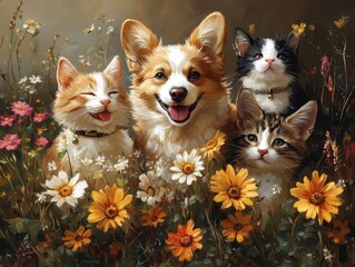playful dogs and cats frolic together in a vibrant summer meadow, surrounded by wildflowers and sunlight, capturing the joy and camaraderie of pets in a natural setting