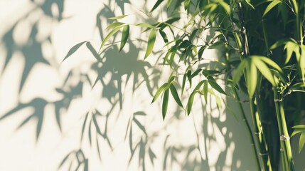 Obraz premium dreamy scene of bamboo leaves and the shadows against white wall under the sun's light, with empty space for copy on the left side of the frame