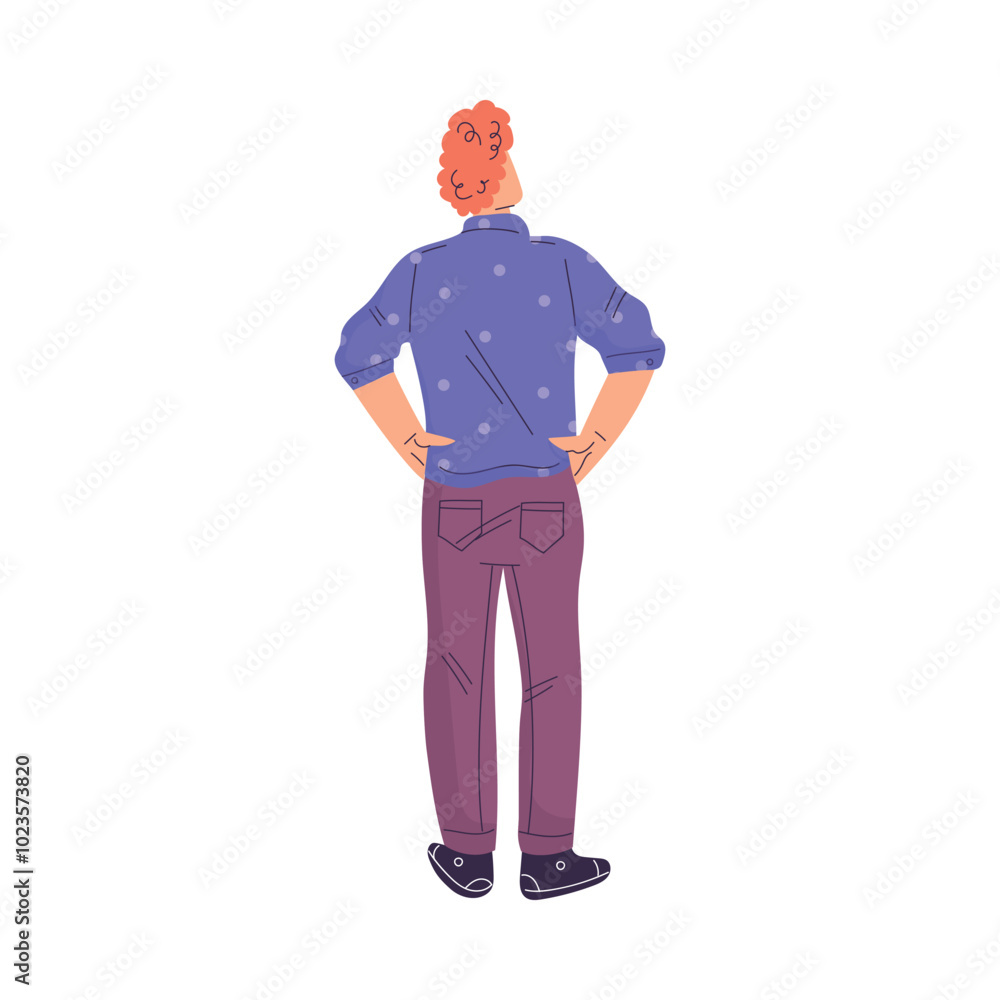 Poster man character standing from behind back view vector illustration