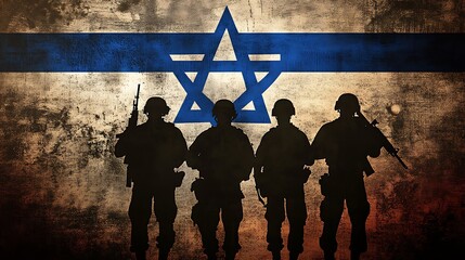 Silhouette of soldiers against a textured background with the Star of David and blue stripes.