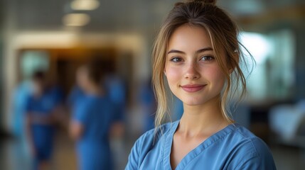 Obraz premium portrait of a young nursing student confidently standing with her colleagues in a hospital setting they wear scrubs embodying teamwork and professionalism in the healthcare environment