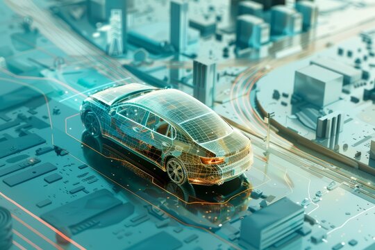 Transparent car driving through a futuristic city using gps navigation and artificial intelligence