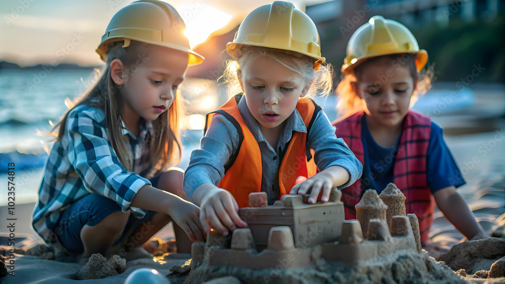 Poster kids role playing as builders in a park: constructing a treehouse with toy tools and blocks in a bok