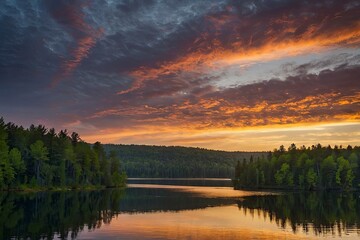 Breathtaking sunset over tranquil lake with forested shoreline. Sunset glow over the tranquil waters