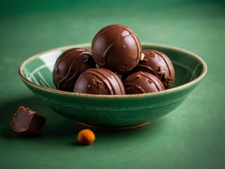 5 chocolat ice cream balls in nice black plate on green background