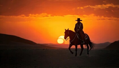 Cowboy silhouette on horseback in desert at sunrise 