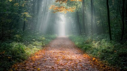 Sunbeams Illuminating a Path Through a Foggy Forest