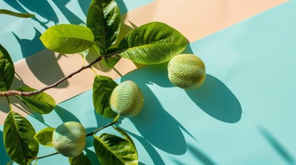 Fototapeta premium Pastel Paradise Exquisite Breadfruit Branch in Minimalist Setting Nature's Delicate Beauty Captured in Vibrant Colors