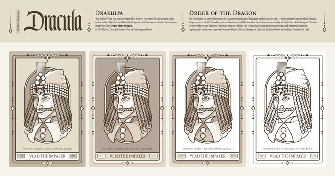 Count Dracula in medieval style. Vlad III Dracula of Wallachia, Vlad the Impaler or Vlad Tepes. Hand-drawn portrait of Vlad Tepes on different backgrounds. Famous literary and historical character. 