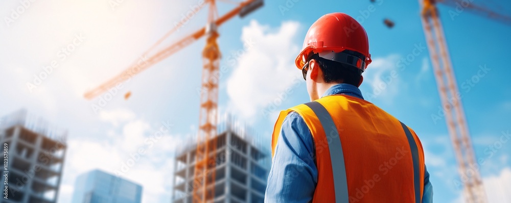 Poster augmented reality in construction engineer overseeing cranes and skyscrapers with innovative digital