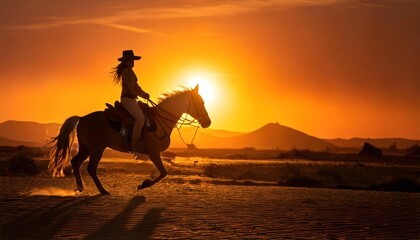 Cowboy silhouette on horseback in desert at sunrise 