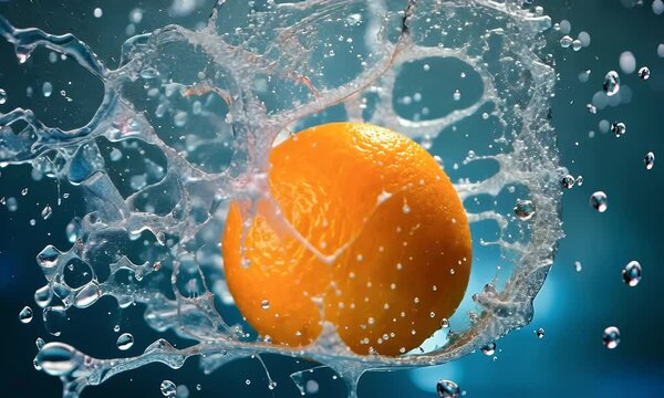 A vibrant orange object splashes into water, creating dynamic droplets and ripples.