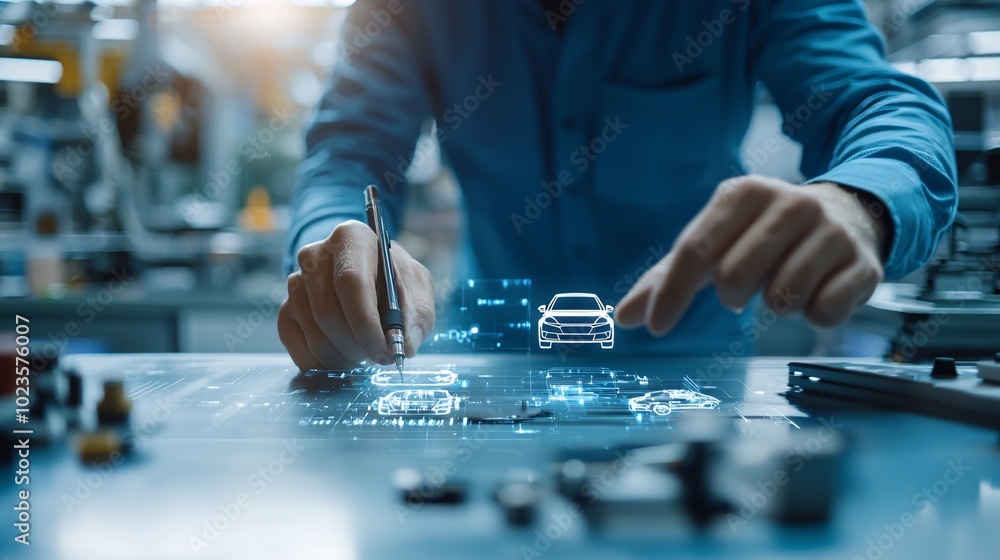 Aufkleber futuristic automotive engineer utilizing augmented reality - 3d car designs and holographic blueprin
