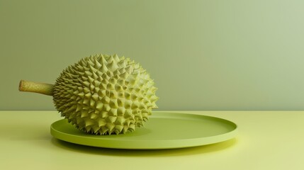 Exotic Elegance Vibrant Durian Fruit on Pastel Plate Fresh and Unique Tropical Delicacy Stock Image