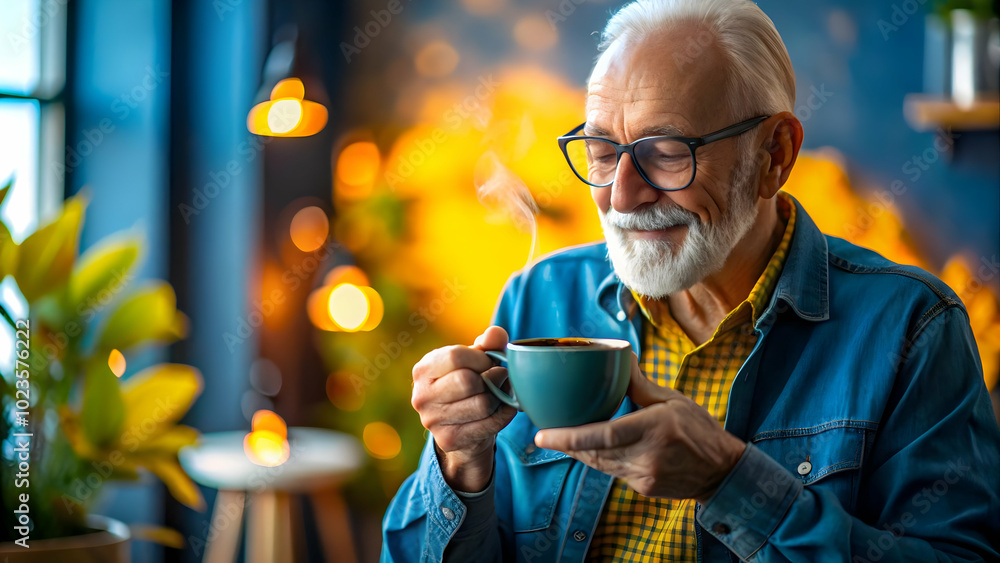 Poster senior enjoying morning coffee: capture a serene moment with soft abstract background and text space