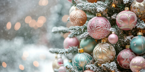 A charming Christmas tree adorned with pastel-colored baubles featuring intricate designs, capturing a whimsical and delightful atmosphere perfect for festive joy.