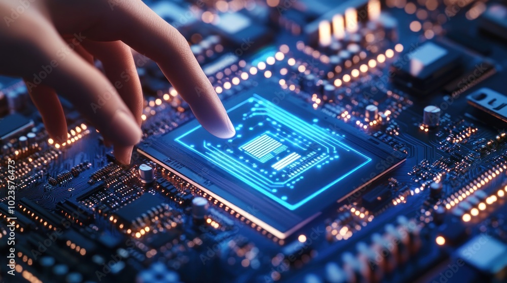Poster a hand interacts with a glowing microchip on a circuit board, symbolizing technology and innovation.