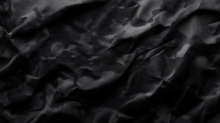 A textured black fabric with a subtle camouflage pattern, showcasing folds and creases.