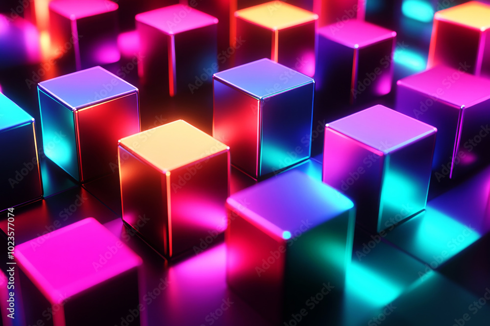 Poster abstract futuristic background with colorful glowing neon cubes in vibrant colors. minimalistic tech