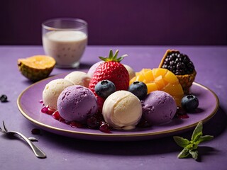 Exotic fruits ice cream balls in nice plate on purple background. Tropical fruit dessert on purple backdrop