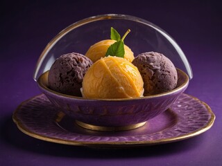 Exotic fruits ice cream balls in nice plate on purple background. Vibrant dessert on a purple surface
