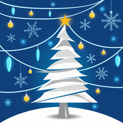 Christmas tree in white style on blue background with snowflakes