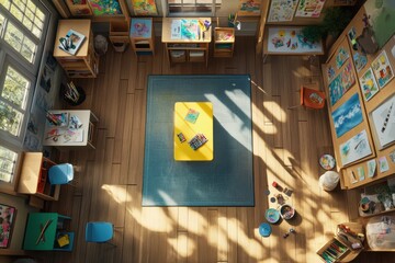 Top view of a colorful classroom filled with art supplies, wooden tables, and sunlight streaming through large windows.