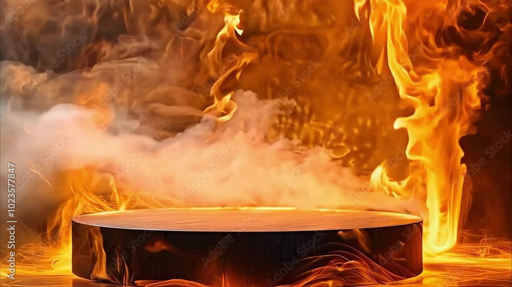 Poster a circular object surrounded by swirling flames and smoke, creating a dramatic and fiery atmosphere.