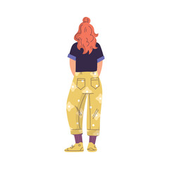Woman Character Standing from Behind Back View Vector Illustration