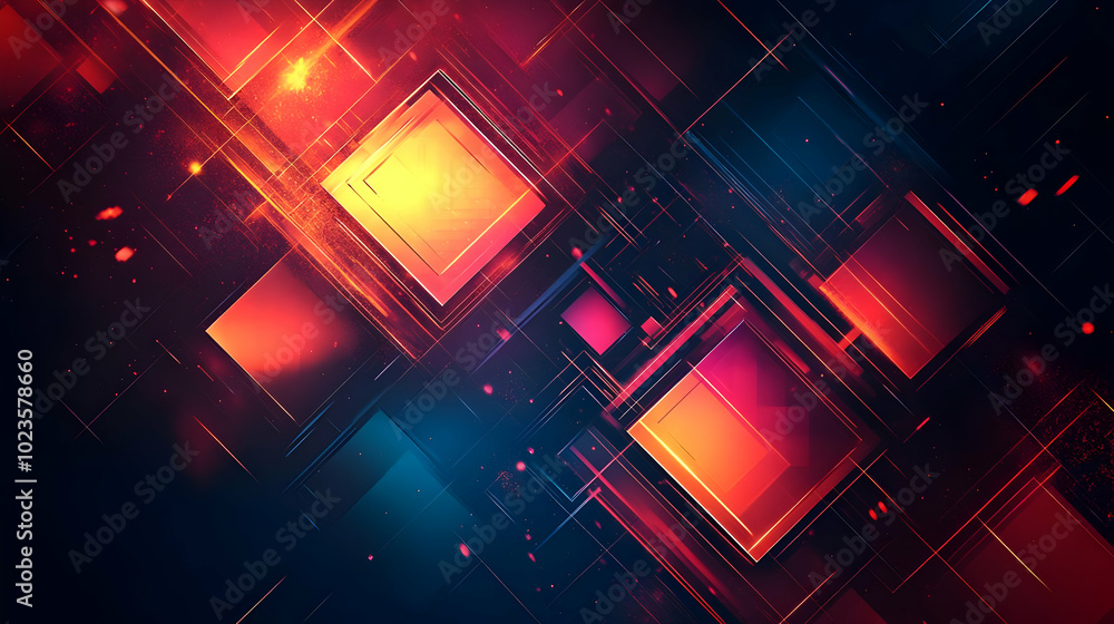 Poster abstract background with red and yellow geometric shapes and glowing lines