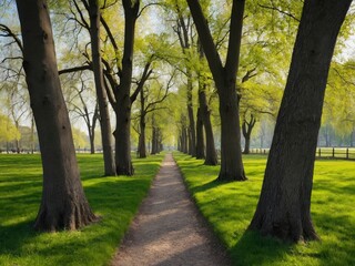 Obraz premium Green park landscape showing deciduous trees with fresh green foliage at springtime and sunny day in panoramic view. Sunny day in the lush green parkland