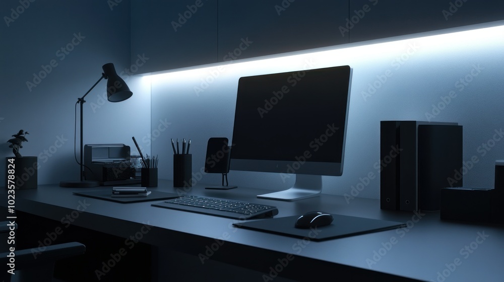 Poster minimalist home office desk with a computer and desk lamp