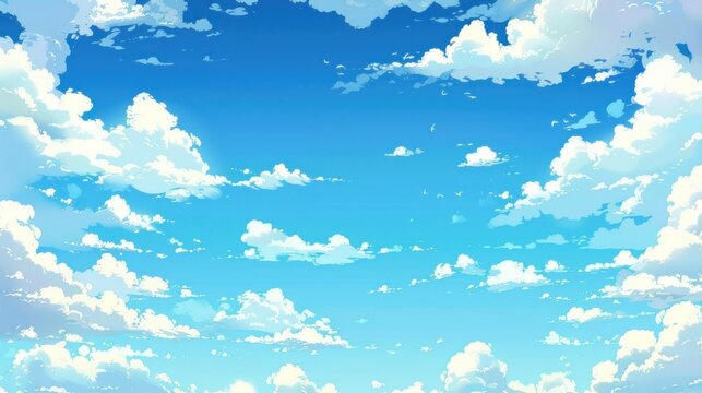 Cartoon style illustration of a clear blue sky filled with fluffy white clouds. Whimsical background for animation and childrens themes.