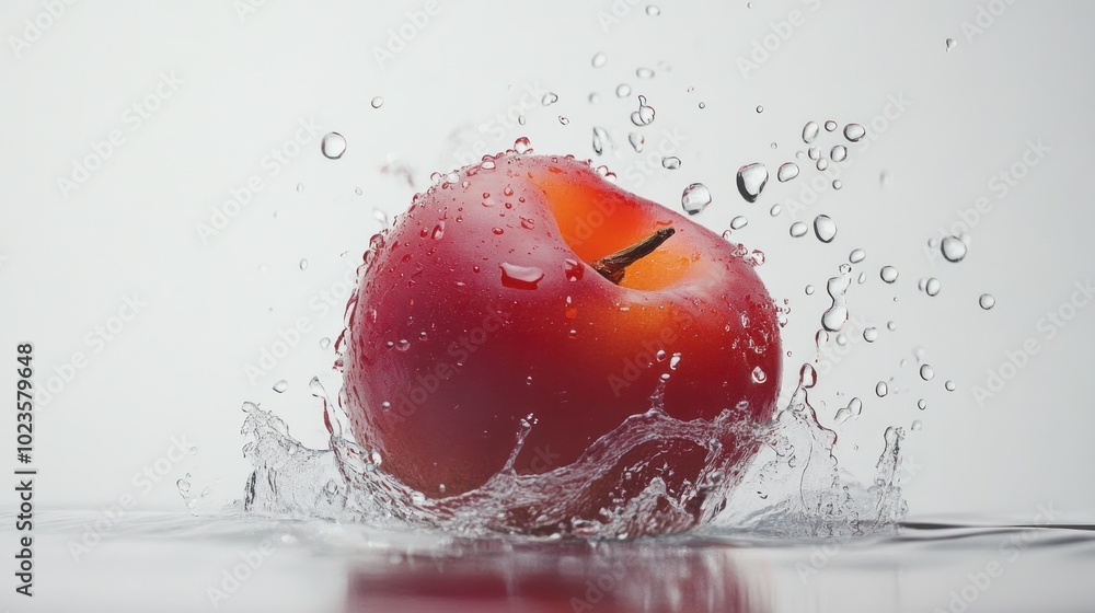 Poster red plum splashing into water with droplets