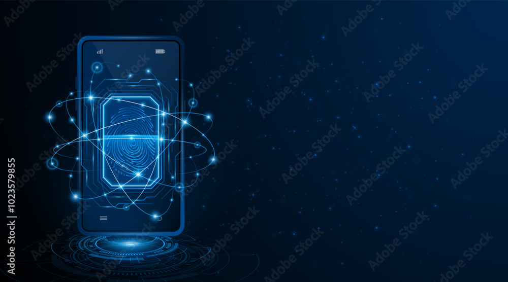 Poster Fingerprint scanner for smartphone security and cyber data protection and privacy. advanced safety technology innovation background	