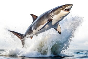Fototapeta premium Great White Shark leaping out of water on white background Medium Shot