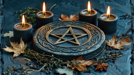 Ancient-looking pentagram altar surrounded by candles and autumn leaves in a mystical setting