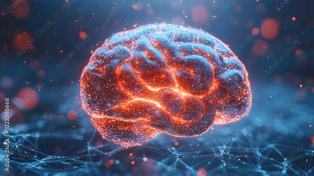 Aufkleber 3d floating ai brain with glowing neural networks & growth icons concept - holographic ai brain disp