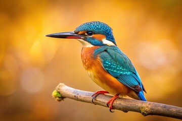 Fototapeta premium Kingfisher perched on branch with blurred warm background Depth of Field