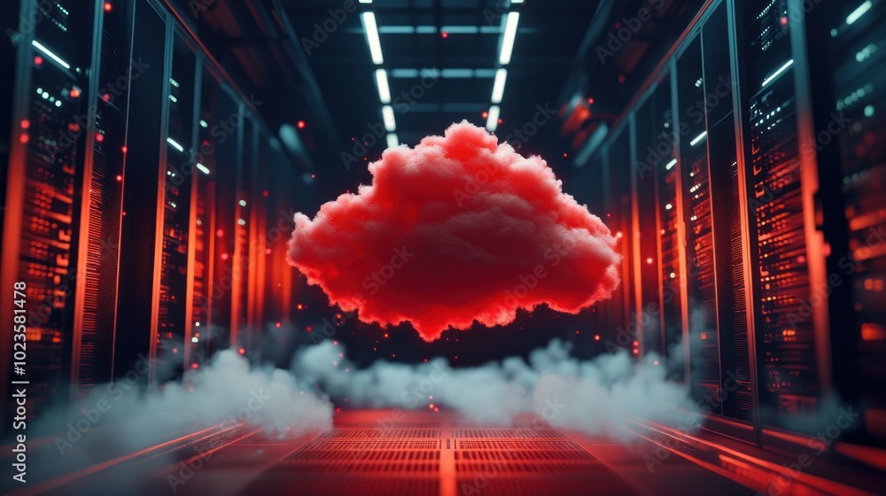 Poster a glowing red cloud floating in a high-tech server room, symbolizing data and technology.