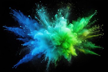 Green and blue powder explosions on black background