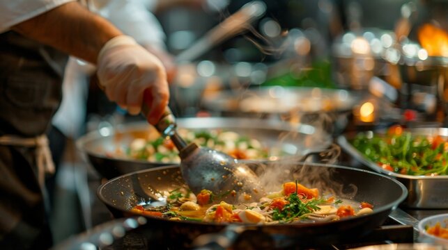 Expert chef conducts an interactive cooking class, teaching culinary skills to eager participants