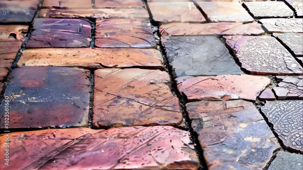 Poster a close-up view of wet, patterned bricks with varying colors and textures, creating a visually intri