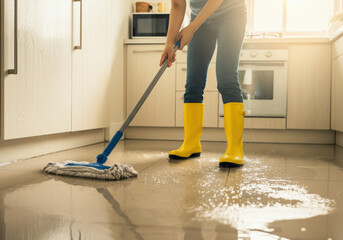 Woman wearing yellow rubber boots is mopping a flooded kitchen floor