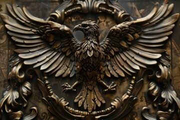 Golden eagle sculpture spreading its wings, mounted on an ornate shield, exudes power and majesty