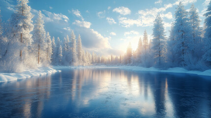 Forest lake near frozen trees and blue sky