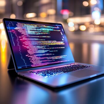 Laptop Screen Displaying Colorful Programming Code and Software Development Concepts