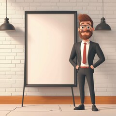 Thoughtful Businessman in Formal Attire Presenting by Brick Wall with Lighting