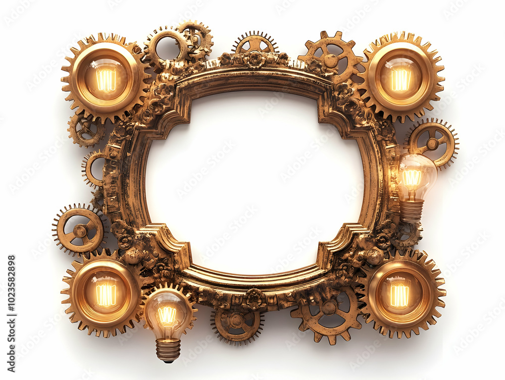 Aufkleber flat elegant golden frame with gears and lightbulbs: close-up of ornate design featuring intricate d