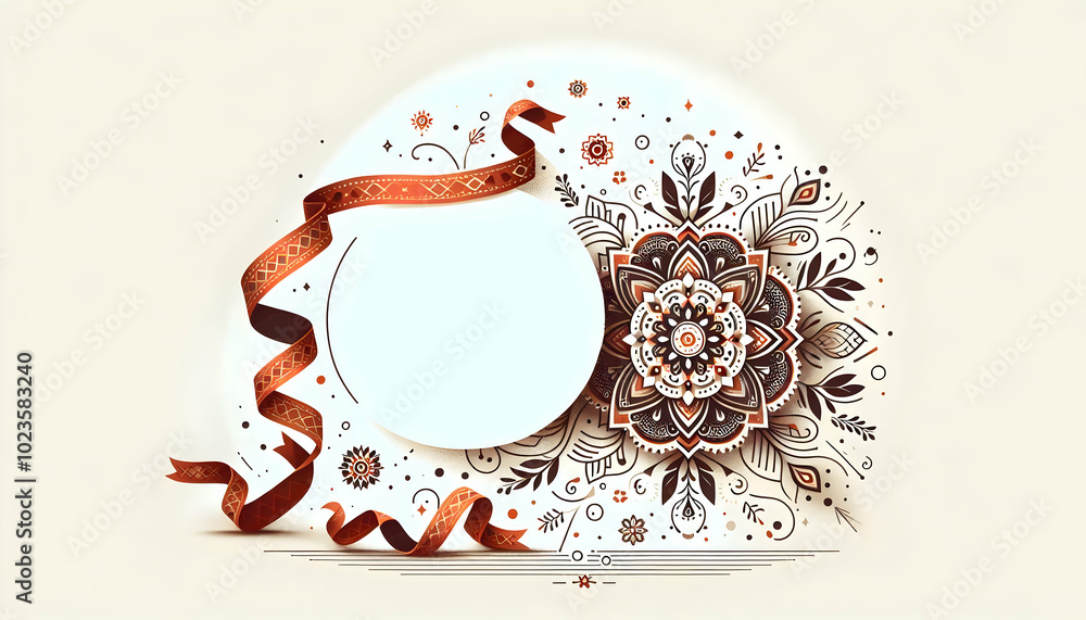 Poster flat rangoli design with festive ribbon border - minimalistic frame for celebrations or invitations 